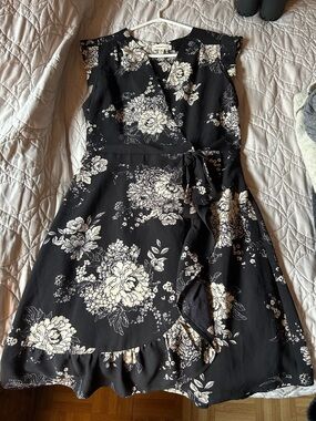 Monteau Floral Wrap Dress - Black & Cream Flutter Sleeves